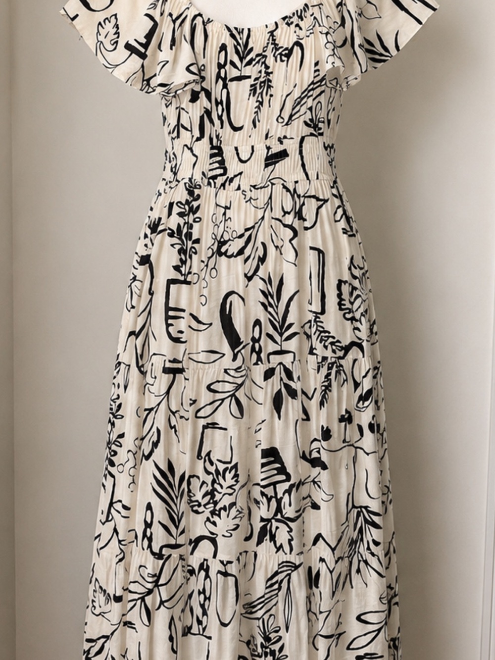 Ivory and Black Floral-Print Maxi Dress